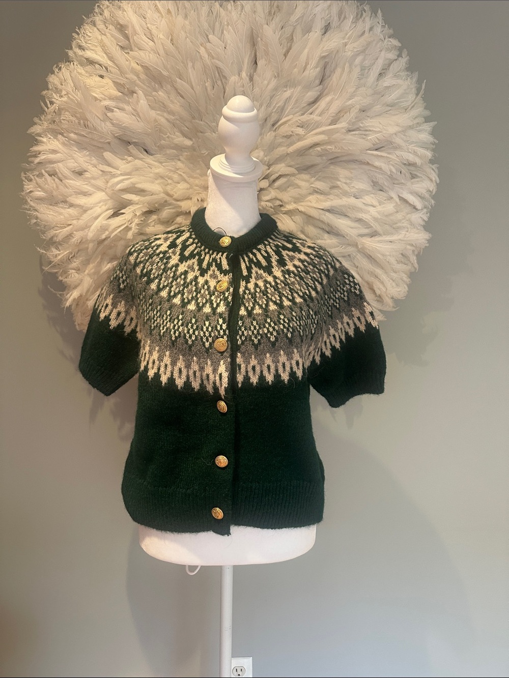 NWT Zara Forest Green Norwegian Yoke Short-Sleeve Cardigan